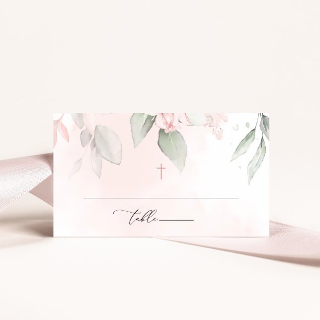 Carte De Placement Blush Pink Flowers, Greenery, Boho, Floral Baptism (Créateur téléchargé)