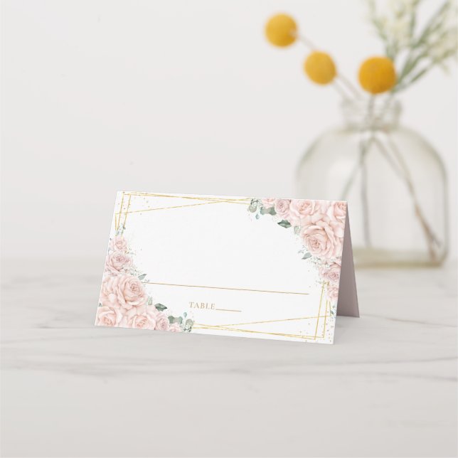 Carte De Placement Blush Pink Roses Floral Gold Quinceañera Birthday (Devant)