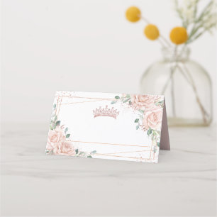 Carte De Placement Blush rose Floral Rose or Couronne Quinceañera