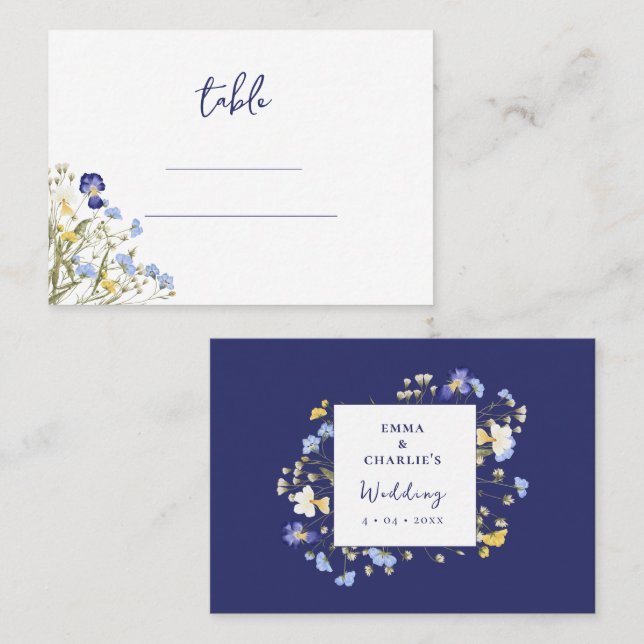 Carte De Placement Boho Botanical Elégant bleu Fleur sauvage Mariage (Devant / Derrière)