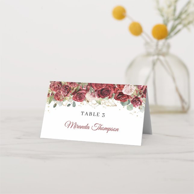 Carte De Placement Boho burgundy & blush rose eucalyptus place carte (Devant)