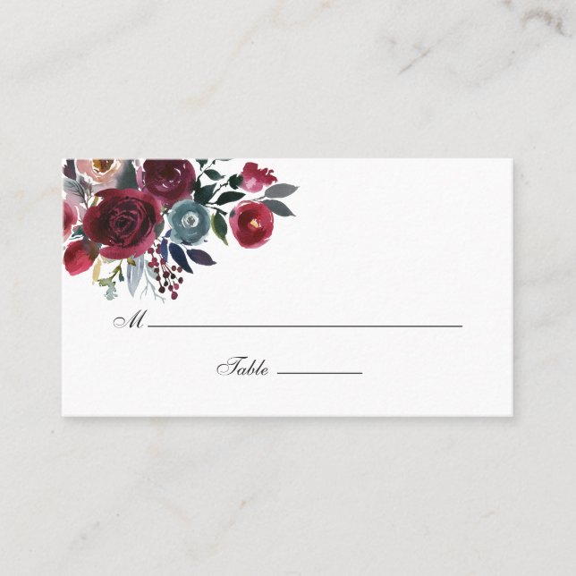 Carte De Placement Boho Chic Bourgogne et Mariage floral Navy (Devant)