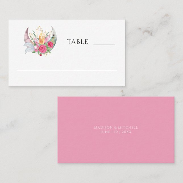 Carte De Placement Boho Moon Crystals Plumes rose Fleurs Mariage (Devant / Derrière)