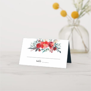 Carte De Placement Boho Red Floral Plume Wreath Monogramme Mariage