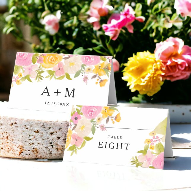 Carte De Placement Boho rose jaune Mariage aquarelle (Boho pink yellow floral watercolor Wedding Place Card)