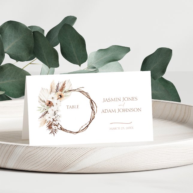 Carte De Placement Boho Terracotta Pampas Grass Mariage Floral (Boho Terracotta Brown Dried Floral Wreath Wedding Place Card)