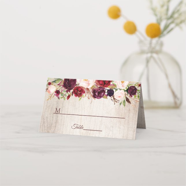 Carte De Placement Bois rustique Bourgogne Blush Floral Mariage Table (Devant)