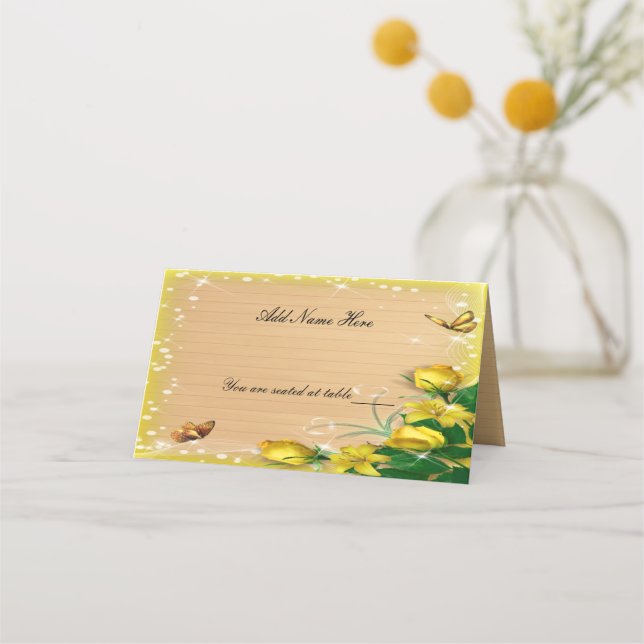 Carte De Placement Bois rustique Papillon floral jaune Lieu (Devant)