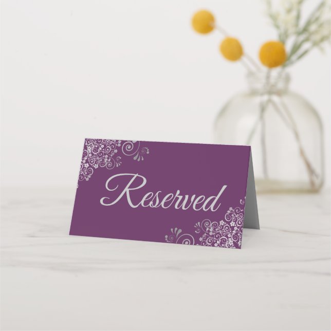Carte De Placement Boucles d'argent Élégant Plum violet Mariage Réser (Dos)