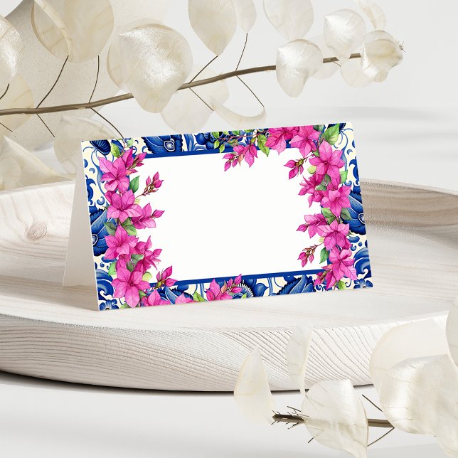Carte De Placement Bougainvillée rose Carreau bleu (Pink Bougainvillea Blue Tile Place Card)