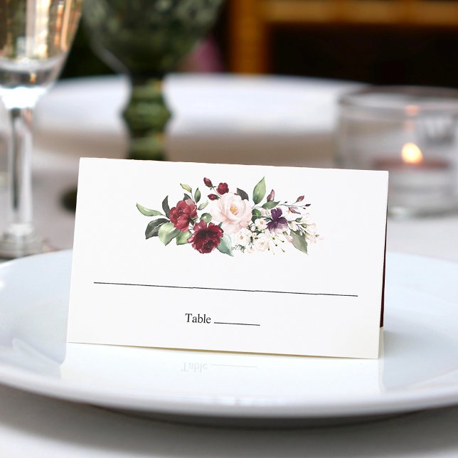 Carte De Placement Bouquet Burgundy classique Aquarelle Florale (Classic Burgundy Blush Bouquet Watercolor Floral Place Card)