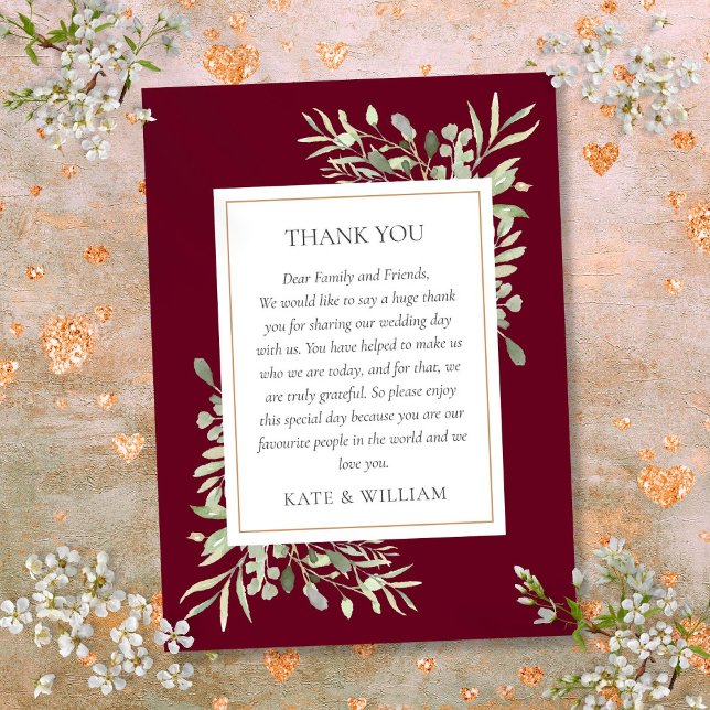 Carte De Placement Bourgogne Aquarelle Verdure Merci Mariage (Burgundy Watercolor Greenery Wedding Thank You Place Card)