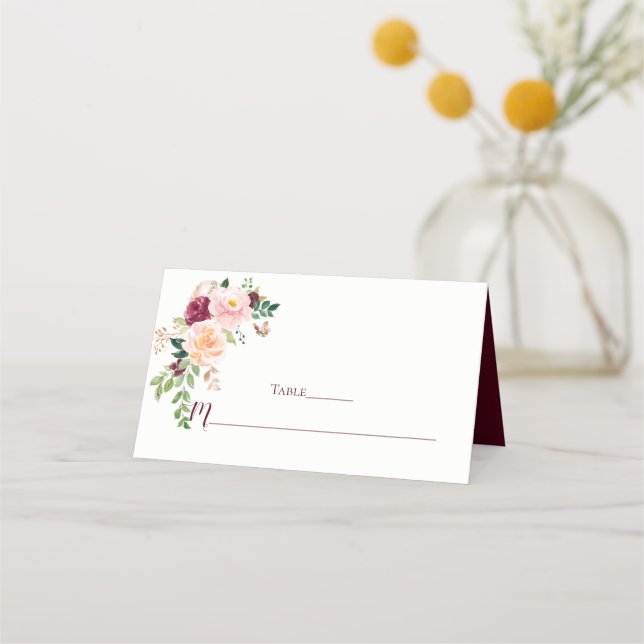 Carte De Placement Bourgogne Blush Saffron Floral Bouquet Place Carte (Devant)