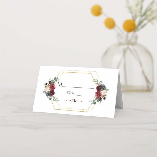 Carte De Placement Bourgogne Floral Gold Hexagon Numéro de tableau (Devant)