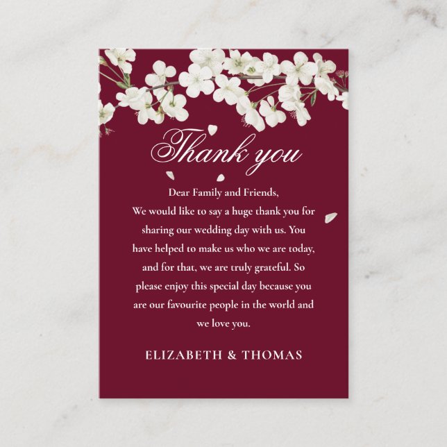 Carte De Placement Bourgogne Floral Mariage Blanc Blossom Merci (Devant)