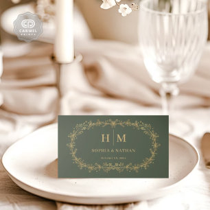 Carte De Placement Bouteille foncée Vert or Fleurs Mariage floral