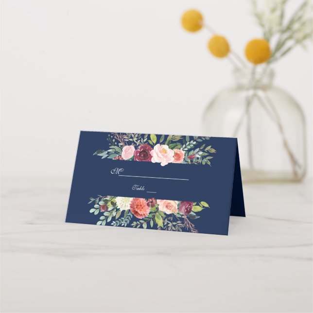 Carte De Placement Burgundy Blush Floral Frame Bleu foncé Mariage (Dos)