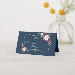 Carte De Placement Burgundy Blush Floral Gold Navy Blue Table Numéro