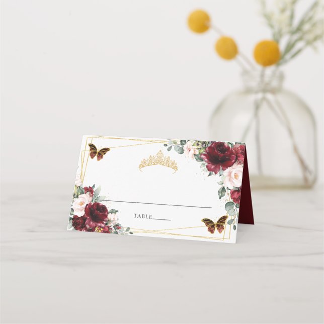 Carte De Placement Burgundy Blush Floral Quinceañera 16e anniversaire (Devant)