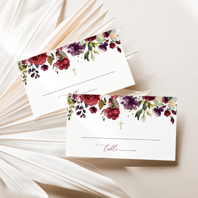 Carte De Placement Burgundy Flowers, Pink Flowers, Floral Baptism (Créateur téléchargé)