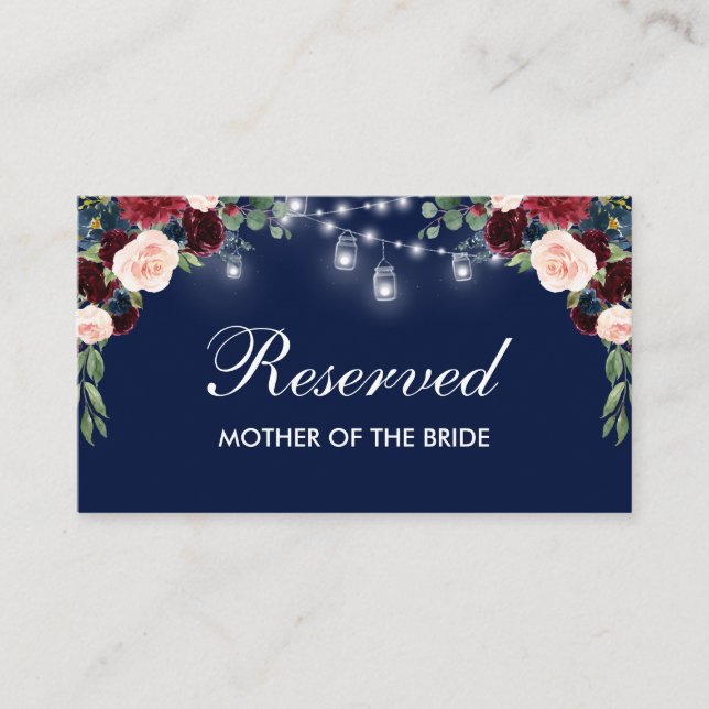 Carte De Placement Burgundy Lumières Florales Bleues Mariage Nom Rése (Devant)