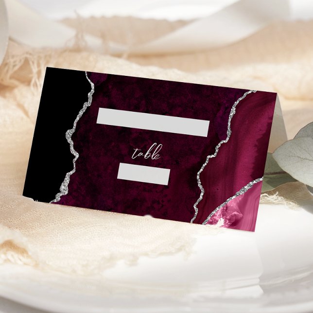 Carte De Placement Burgundy Silver Agate Script Wedding Table (Créateur téléchargé)