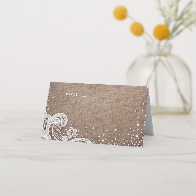 Carte De Placement Burlap parties scintillant dentelle mariage rustiq (Devant)