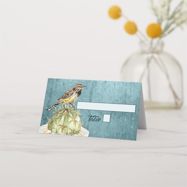 Carte De Placement Cactus aquarelle avec Mariage d'oiseaux Wren (Devant)