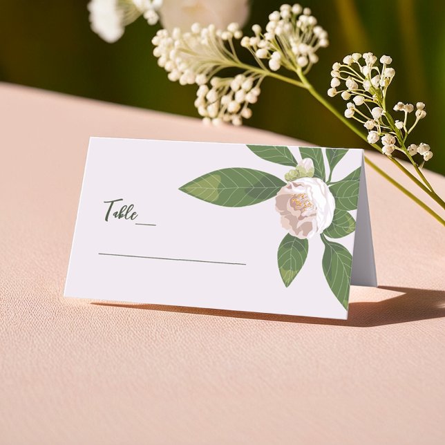 Carte De Placement Camellia et verdure Mariage simple et élégant (Camellia and Greenery Simple Elegant Wedding Place Card)