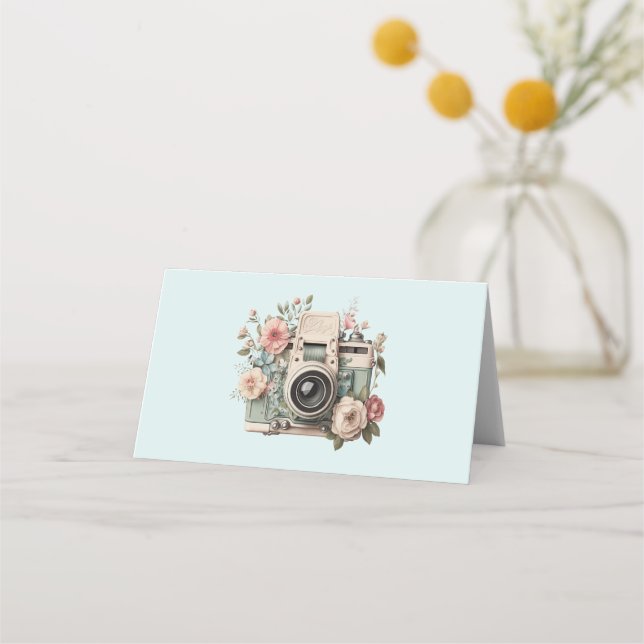 Carte De Placement Camera with Flowers Retro Pastel (Devant)