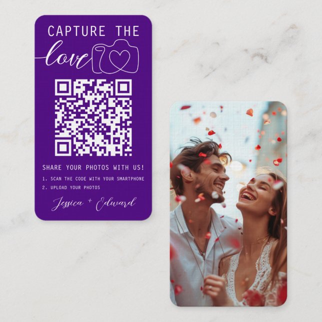 Carte De Placement Capturer L'Amour Qr Code Photo Indigo Violet Blanc (Devant / Derrière)