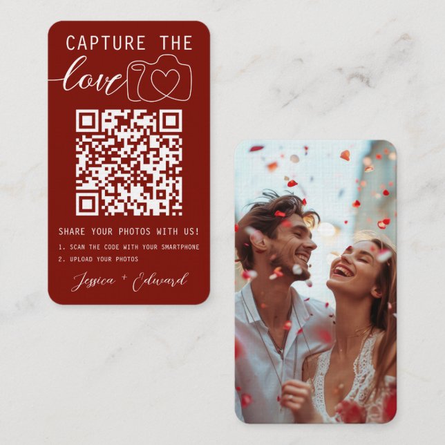 Carte De Placement Capturez le code Love Qr Photo Mariage blanc rouge (Devant / Derrière)