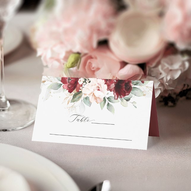 Carte De Placement Carte de Mariage Floral Bourgogne et rose pâle (Créateur téléchargé)
