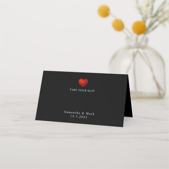 Carte De Placement Carte de Mariage Noir au coeur rouge simple (Devant)