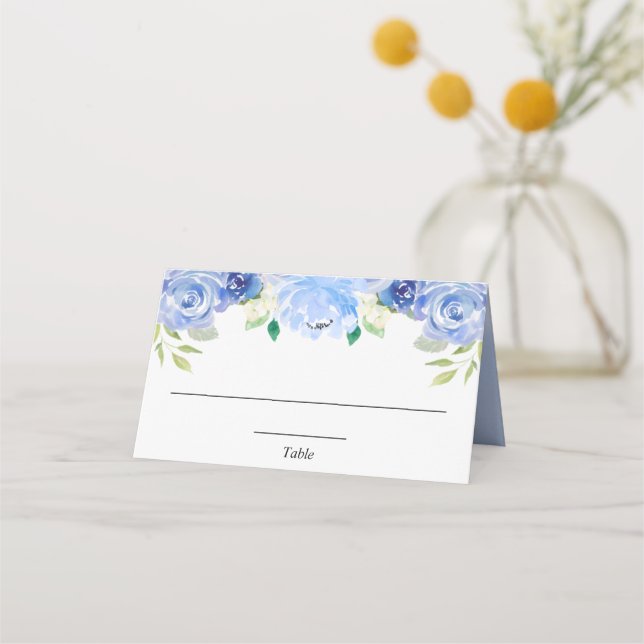 Carte De Placement Carte de place élégante à fleurs blanches bleues e (Devant)