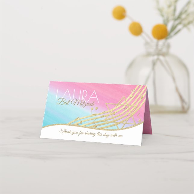 Carte De Placement Carte de siège Bat mitzvah de musique bleu et or (Dos)