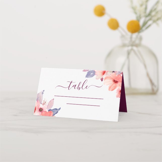 Carte De Placement Carte Floral Place Mariage d'aquarelle Bourgogne (Devant)
