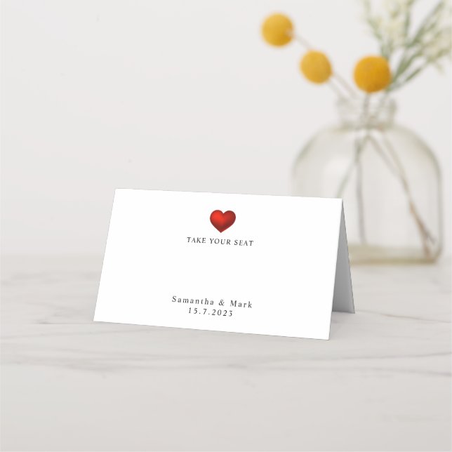 Carte De Placement Carte Mariage blanche de Coeur rouge simple et mod (Devant)