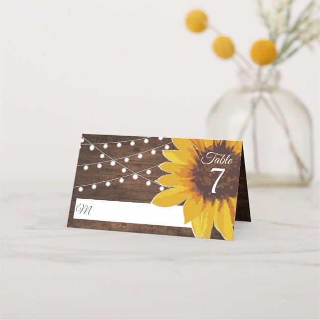 Carte De Placement Carte Mariage Rustique Sunflower String Lights (Devant)