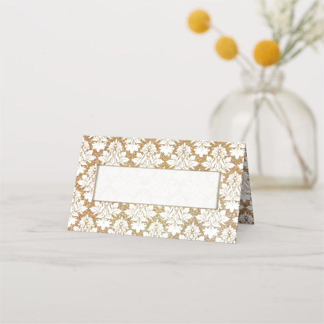 Carte De Placement Carte Place pliée Mariage damassé Gold et White (Devant)