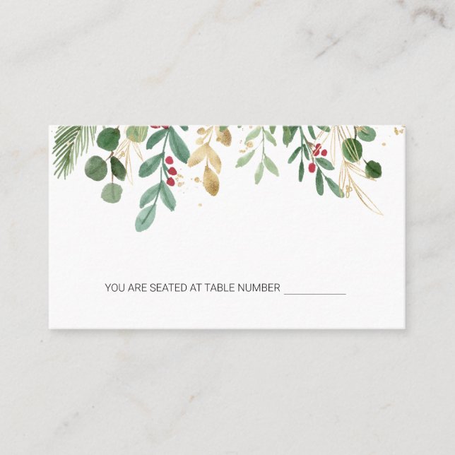 Carte De Placement Carton de mariage de Noël avec feuillage vert et b (Devant)