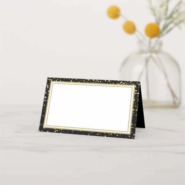 Carte De Placement Carton de nom - Étoiles noir et or (Devant)