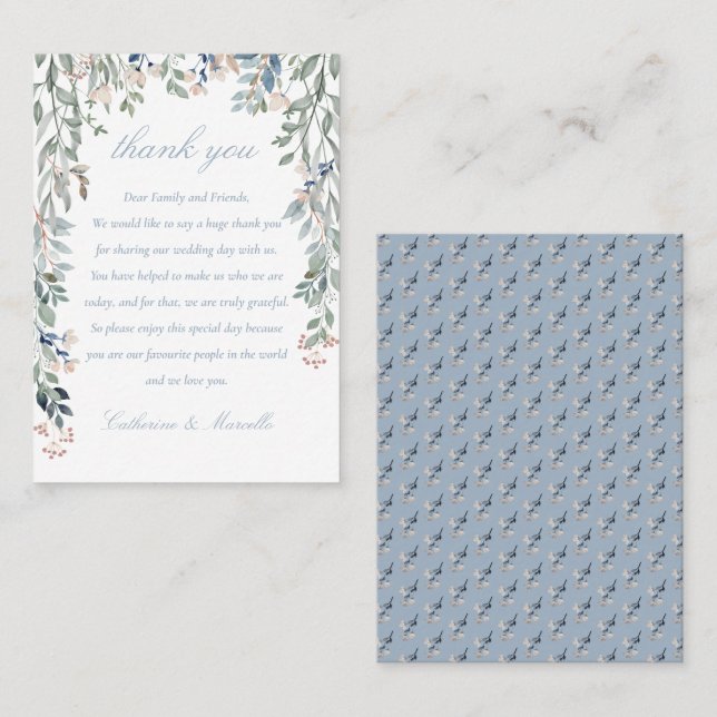 Carte De Placement Cascade florale Dusty Mariage bleu Merci (Devant / Derrière)