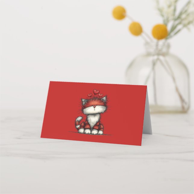 Carte De Placement Cat with Red Hearts Cute and Fun (Devant)