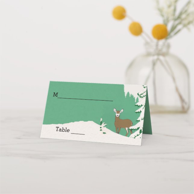 Carte De Placement Cerf féminin debout dans la pinte à neige vert (Devant)