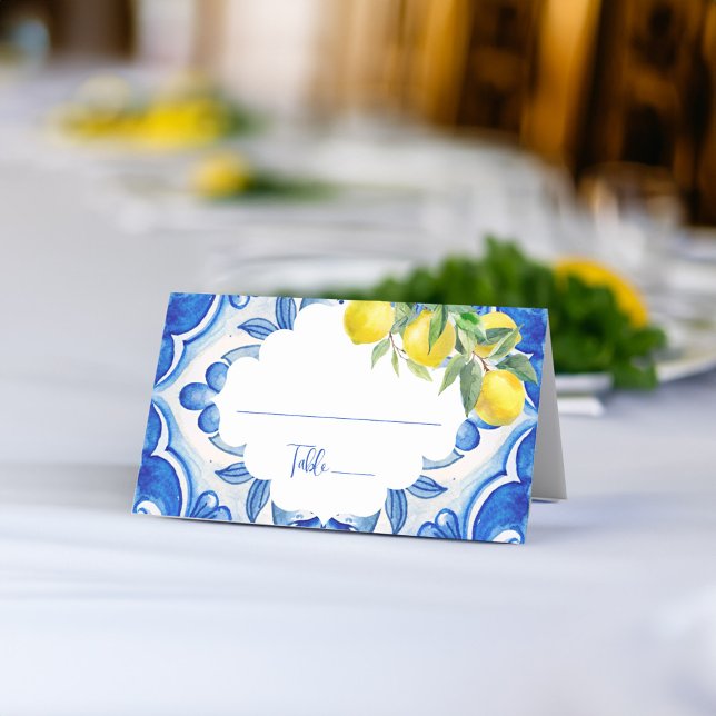 Carte De Placement C'est l'amour Carreau bleu citron shower de mariag (That's amore vintage Italian Blue tile lemon bridal shower wedding Place Card personalized decor)