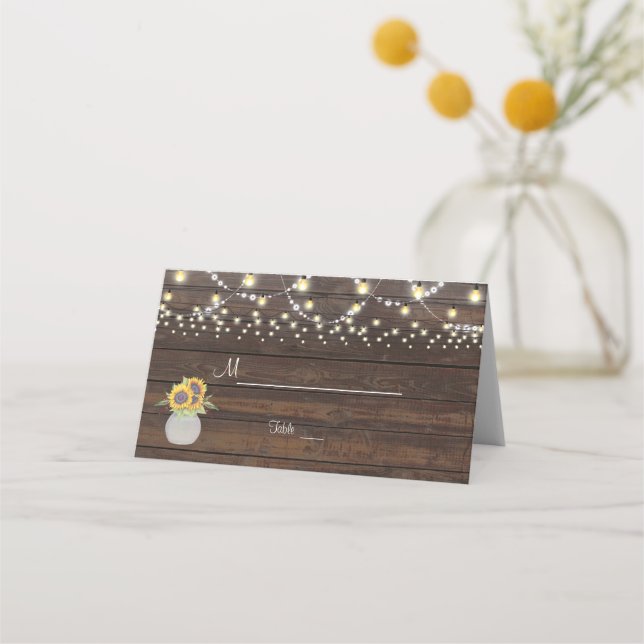 Carte De Placement Chaîne de tournesols Lumières Vieux bois Table Num (Devant)