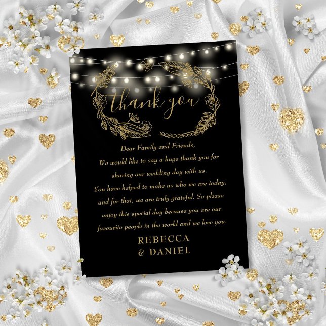 Carte De Placement Chaîne Merci Noir Et Mariage Or (String Lights Thank You Black And Gold Wedding Place Card)