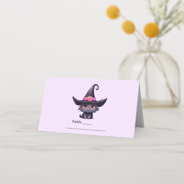 Carte De Placement Chat noir mignon portant un Casquette de sorcière (Devant)