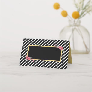 Carte De Placement Chic Black Stripes avec Fleurs Aquarelles